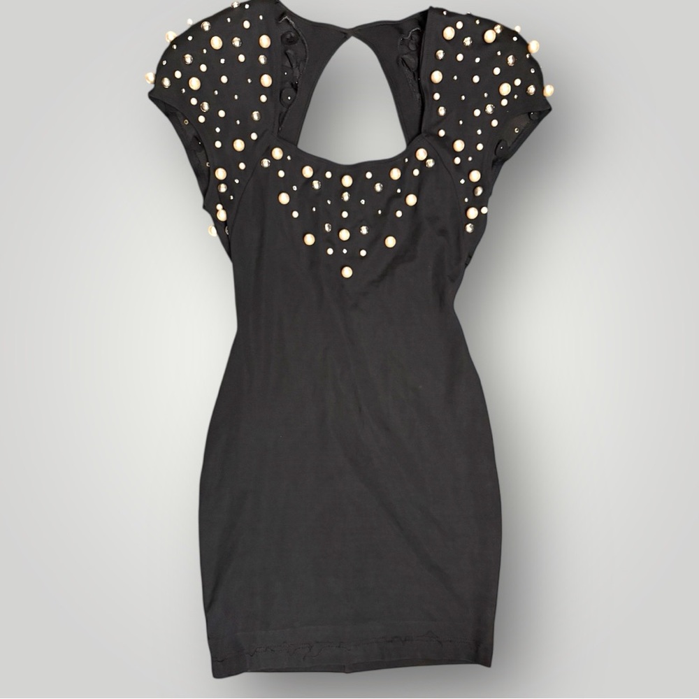 Vintage 1980s Eletra Casadei Pearl & Rhinestone Mini Black Dress - Size Medium - Picture 2 of 10